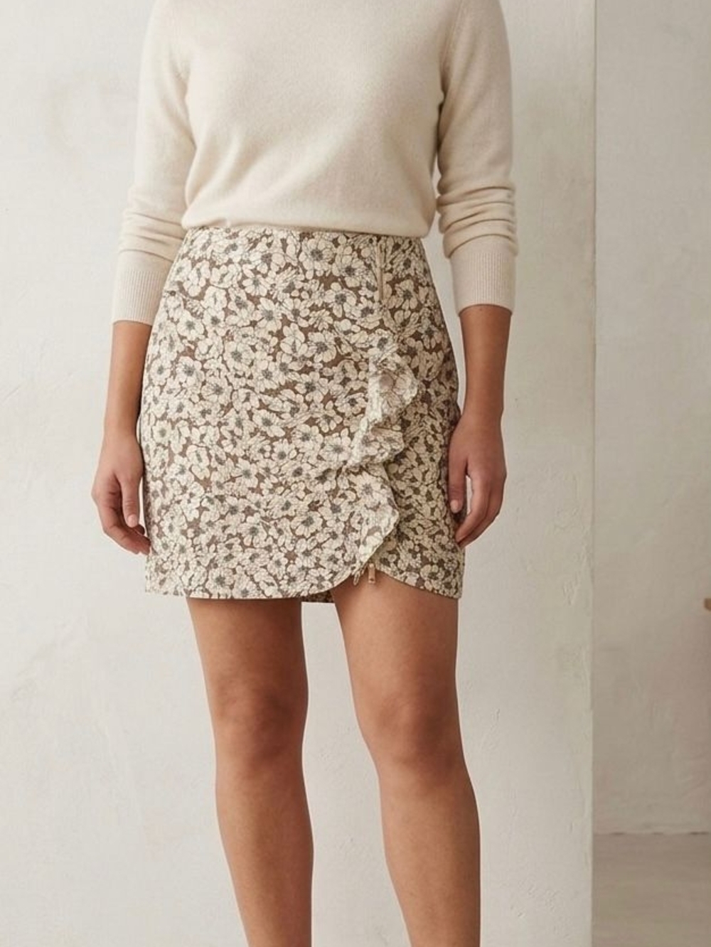 Anthropologie Leifsdottir Cream Floral Silk High Waist Side Ruffle Mini Skirt S